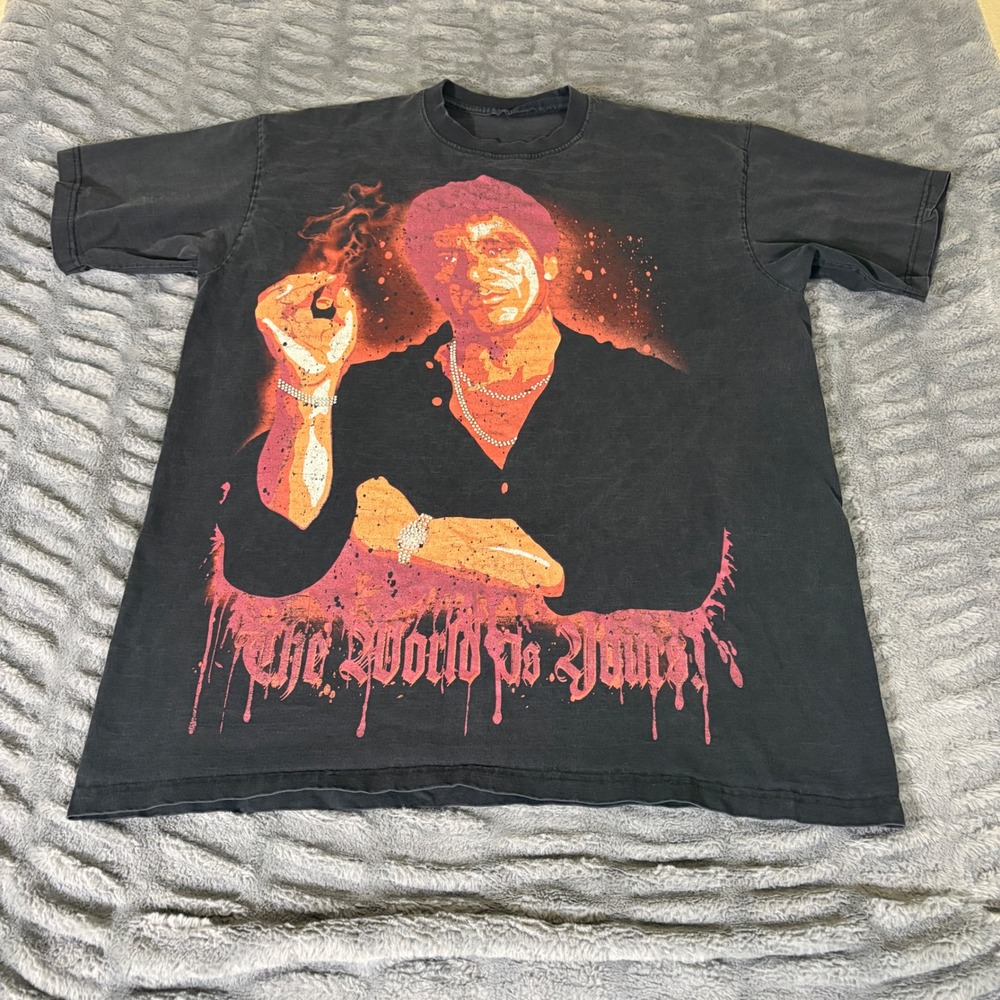 Scarface The World Is Yours Rhinestone Graphic T-Shirt Faded Black XL 2XL